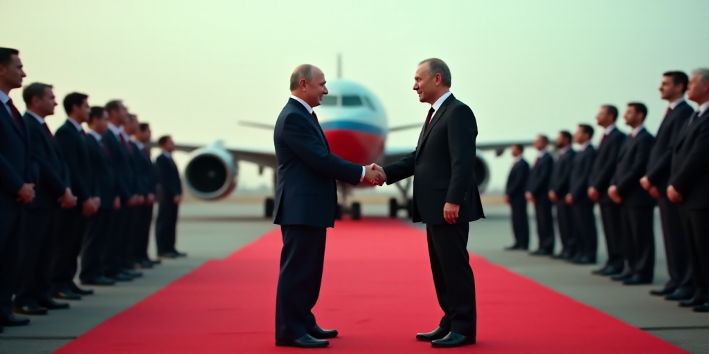 two men shaking hands on a red carpet with other men in suits standing behind them and a plane in th