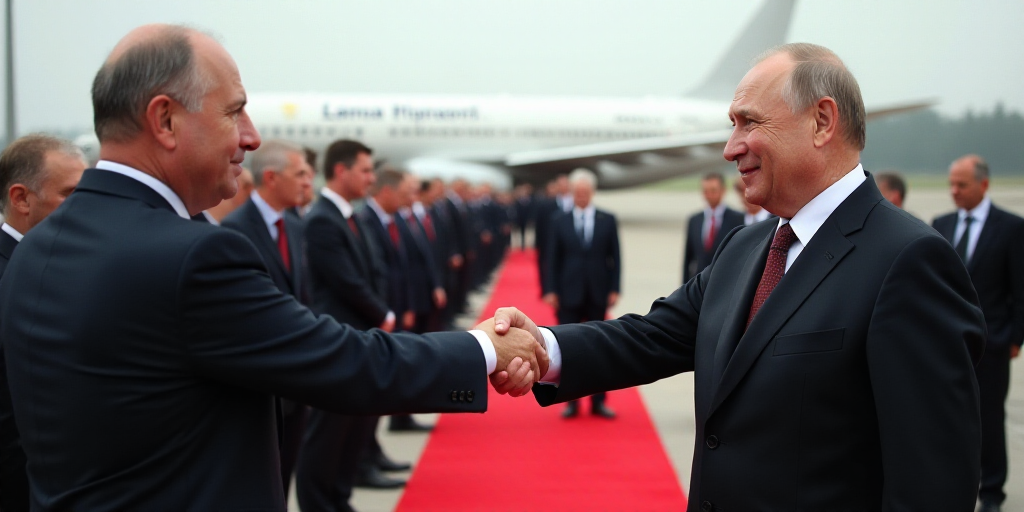 two men shaking hands on a red carpet with other men in suits standing behind them and a plane in th