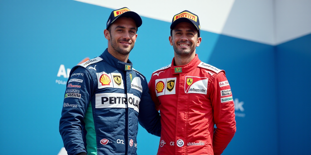 two men standing next to each other on a race podium with a backdrop behind them and a blue wall beh