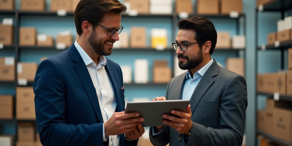 two men standing next to each other holding a tablet computer in their hands and looking at it with