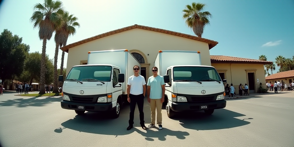 two men standing next to two white trucks in front of a building with palm trees and people in the b