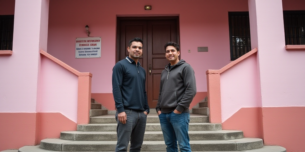 two men standing outside of a building with stairs leading up to it and a pink sign that says instit
