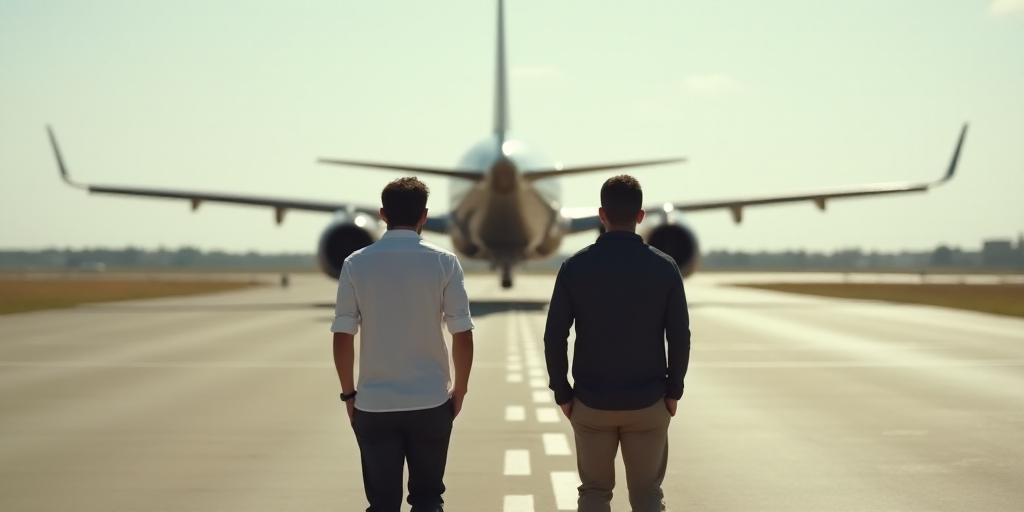 two men walking down a runway next to each other on a runway with an airplane in the background and
