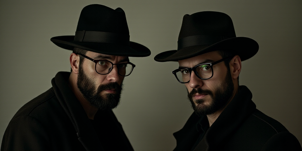 two men wearing hats and glasses one is looking at the camera and the other is looking at the camera