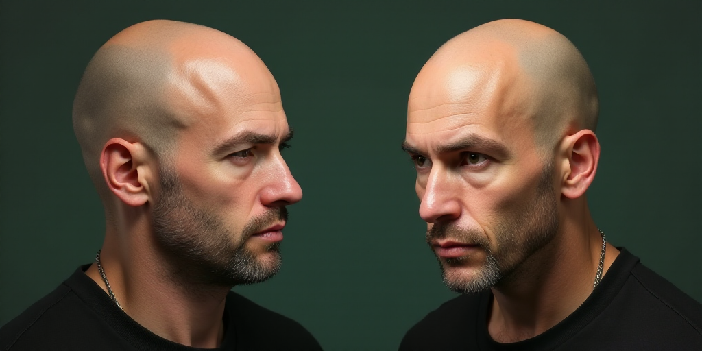 two men with bald heads and one with a bald head and one with a bald head and one with a bald head,