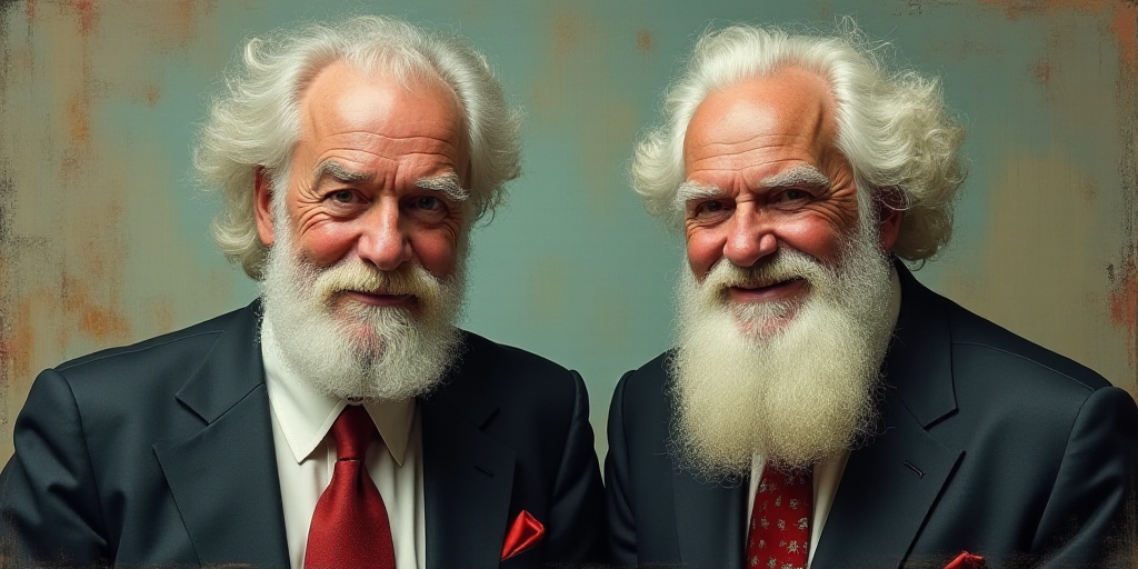 two men with white hair and beards one wearing a suit and the other a tie and smiling at the camera,