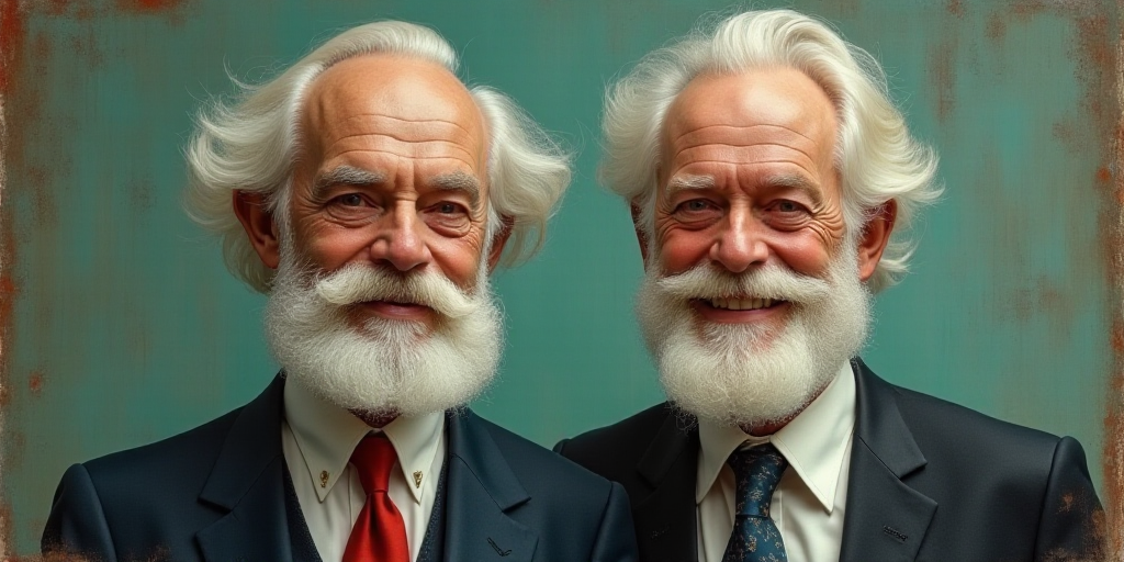 two men with white hair and beards one wearing a suit and the other a tie and smiling at the camera,