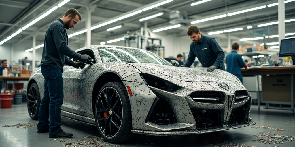 two men working on a car in a factory with other workers in the background looking at the car in the