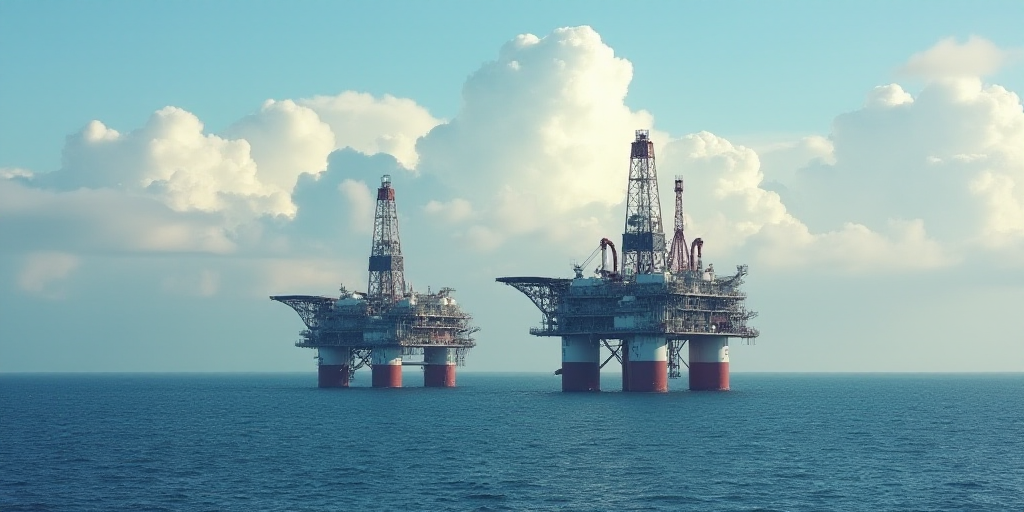 two oil rigs in the middle of the ocean with a sky background and clouds in the background,, Constan