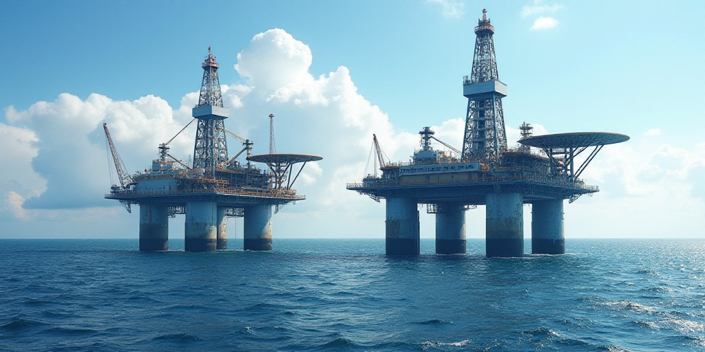 two oil rigs in the middle of the ocean with a sky background and clouds in the background,, Bascove