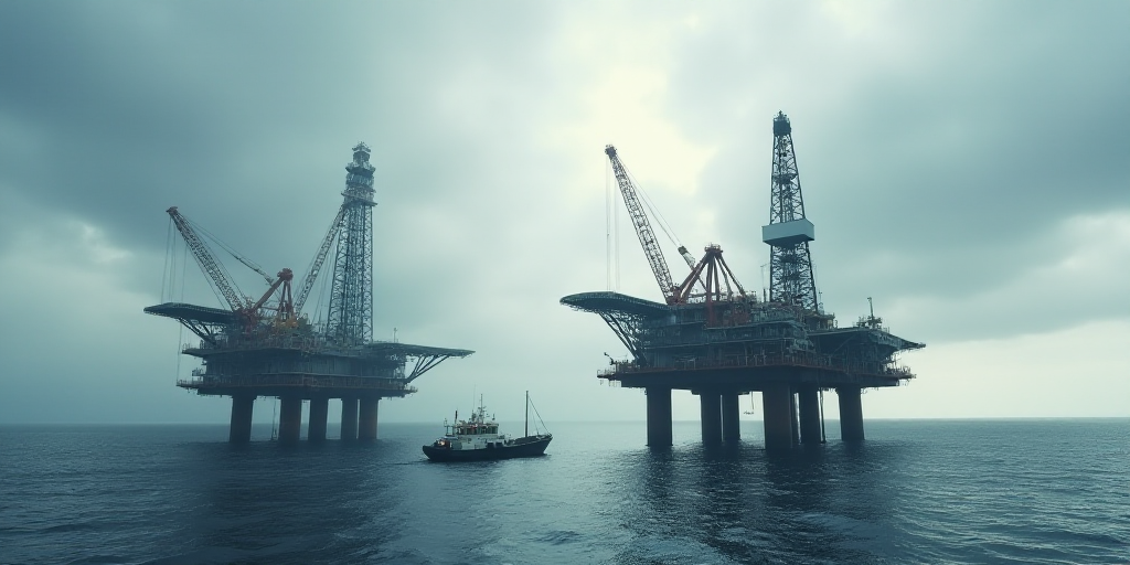 two oil rigs in the middle of the ocean with a cloudy sky above them and a boat in the water, Bascov