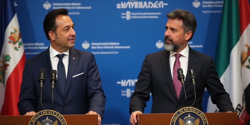 two people standing at a podium with microphones in front of them and a backdrop behind them that sa