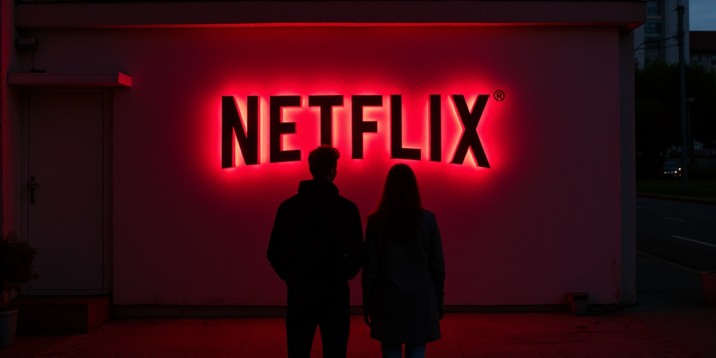 two people standing in front of a netflix sign at night time with the netflix logo on the wall behin