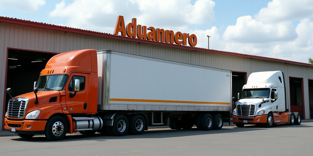 two semi trucks are parked in front of a building with a sign that reads reconocimentoo aduannero, A