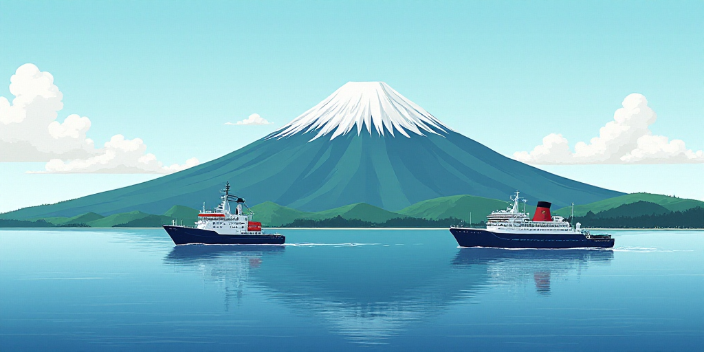 two ships in the water near a mountain range in the ocean with a sky background and a few clouds, am