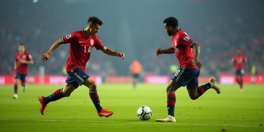 two soccer players are playing soccer on a field with a crowd watching them from the stands and a cr