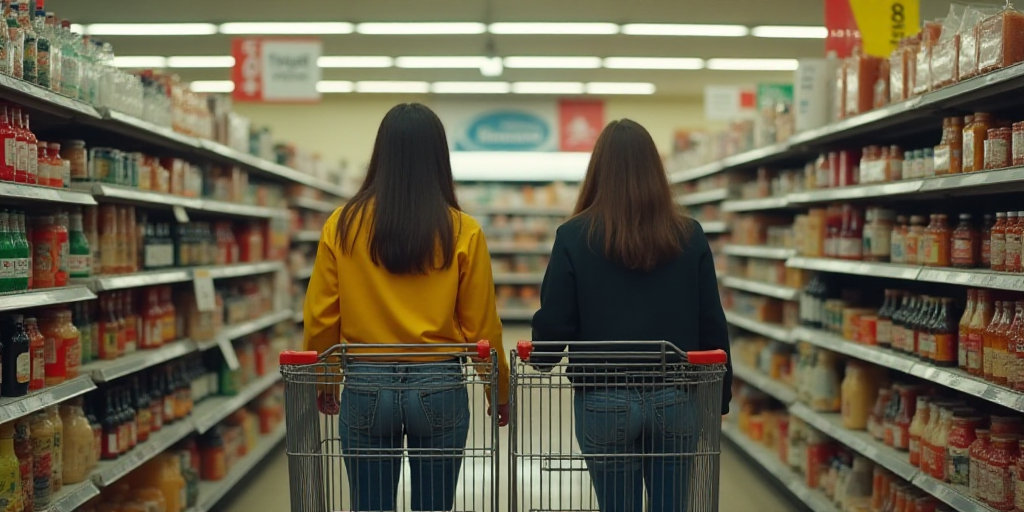 two women in a grocery store with a shopping cart in front of them and a lot of signs in the backgro
