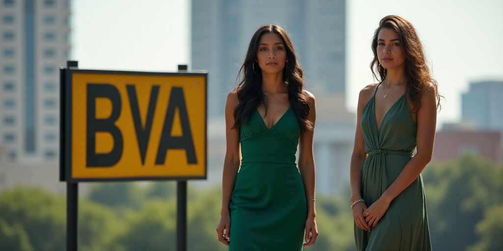 two women standing in front of a sign that says bv a and a woman in a green dress, Aramenta Dianthe
