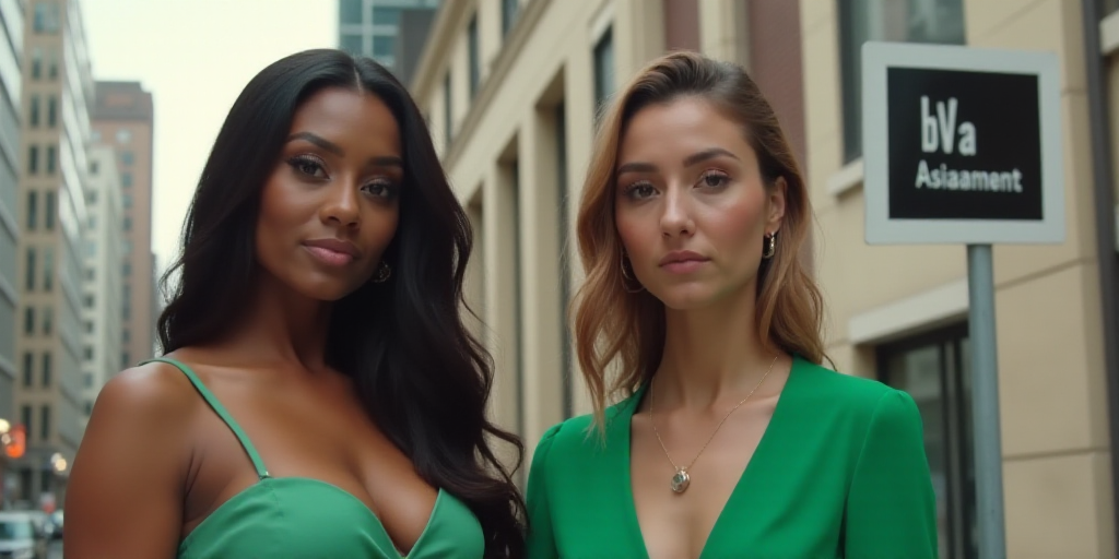two women standing in front of a sign that says bv a and a woman in a green dress, Aramenta Dianthe