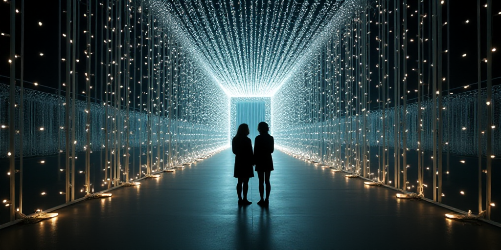 two women standing in front of a large structure with lights on it's sides and a ceiling of lights,