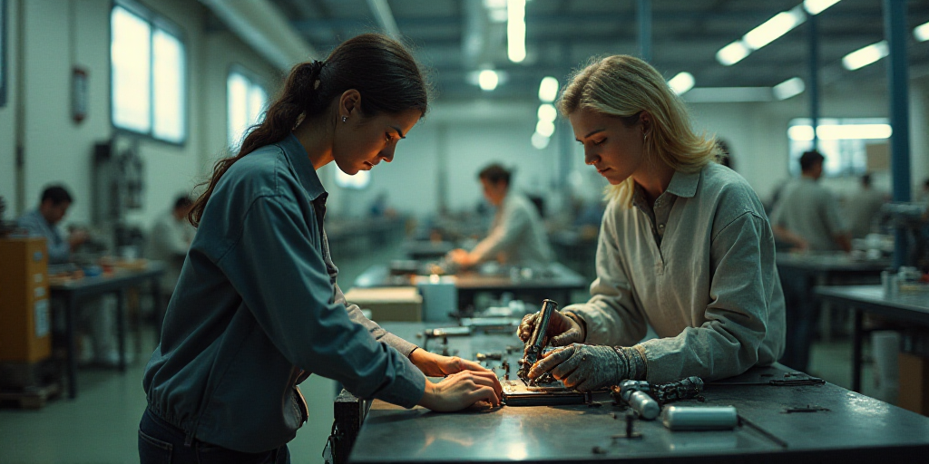 two women working on a machine in a factory with other people watching them from the sidelines of th