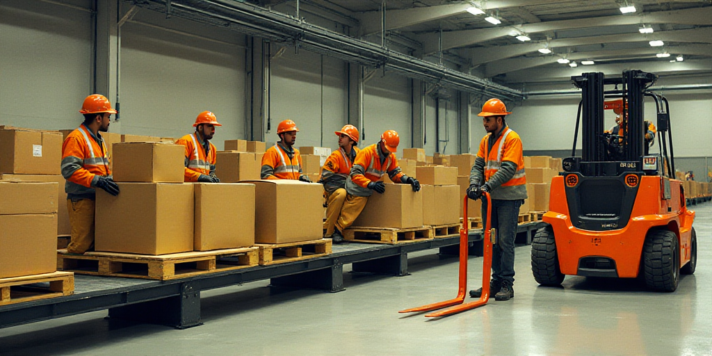 workers in a factory moving boxes and pallets on a conveyor belt and a fork lift in the background,