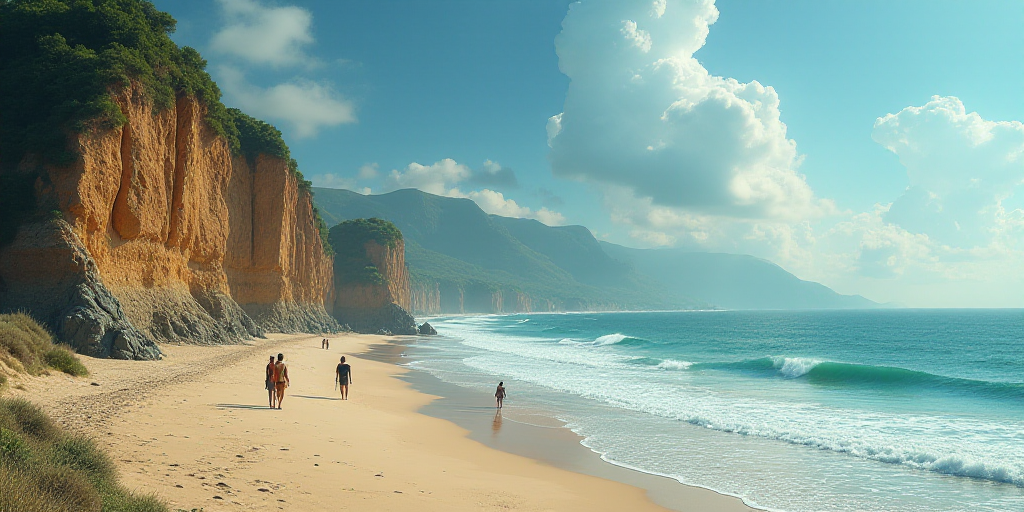 a beach with a cliff and a group of people standing on it next to the ocean and a cliff, Aquirax Uno