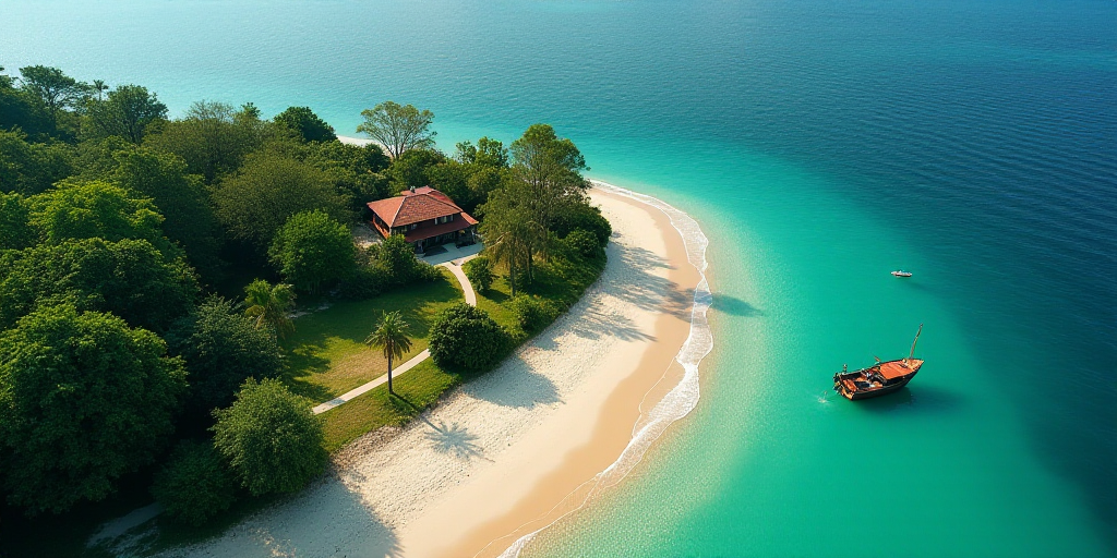 a beach with a house and trees on it near the ocean and a beach with a boat in the water, David Boyd