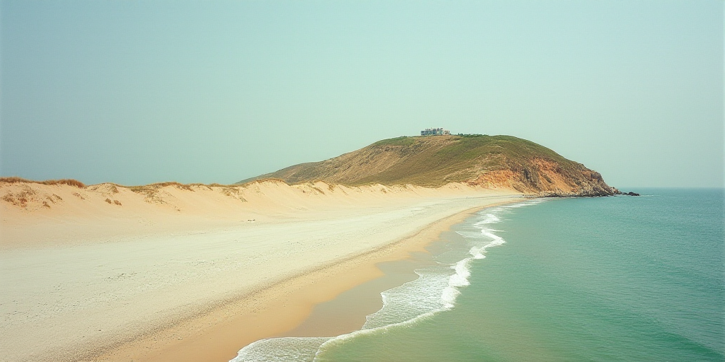 a beach with a lot of sand and water next to it and a hill with a house on top, Andreas Gursky, zeni