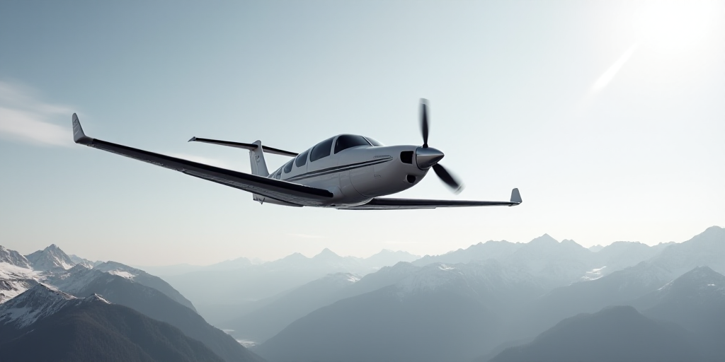 a black and white photo of a small plane flying in the sky with mountains in the background and a bl