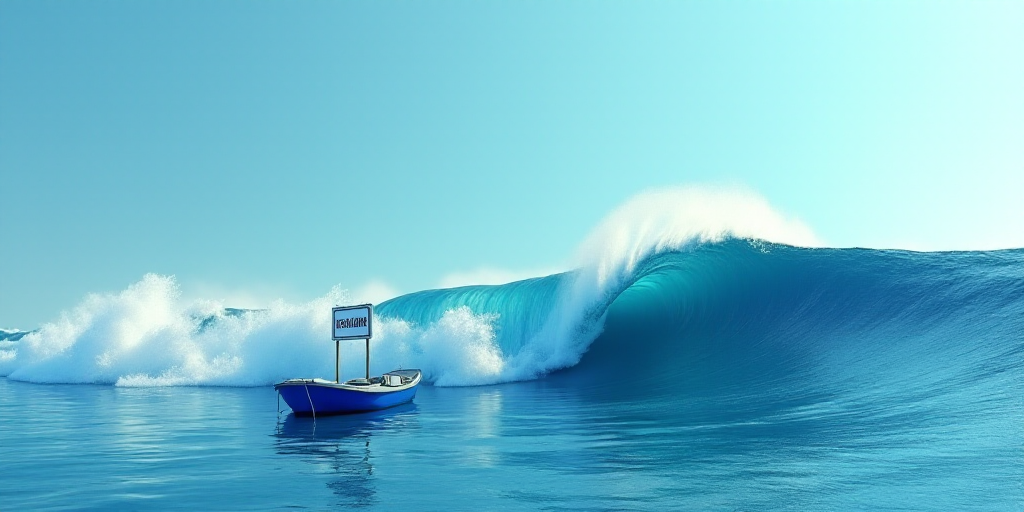a blue boat is in the water near a large wave and a sign that says unclassnished on it, Dahlov Ipcar
