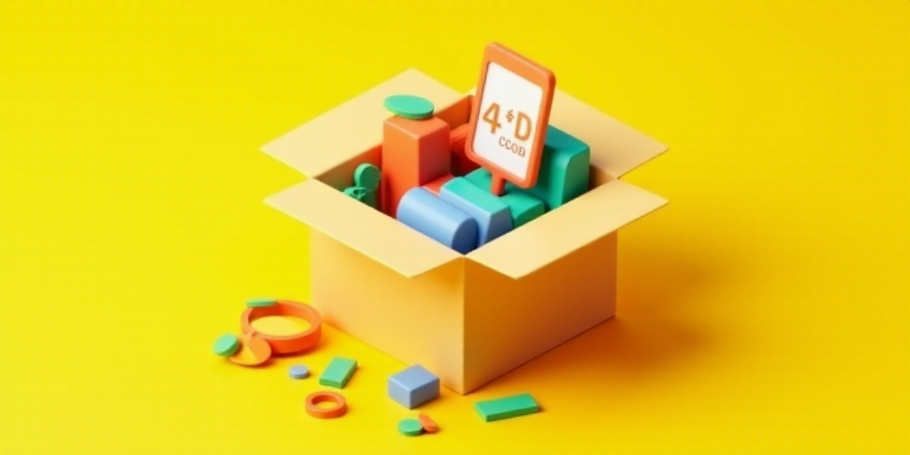 a box with a price sign and a sale sign in it, with other items surrounding it, on a yellow backgrou