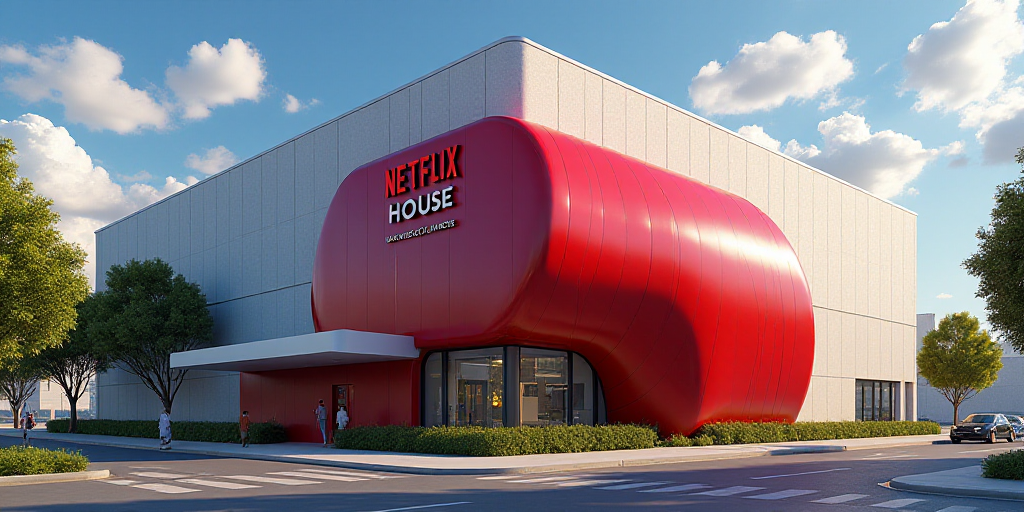 a building with a giant red object on the side of it's side and a sign that says netflix house, disn