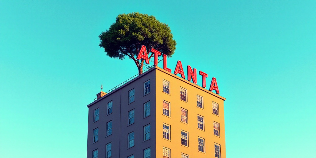 a building with a sign on top of it that says atlanta above it is a tree and a blue sky, Antonio Man