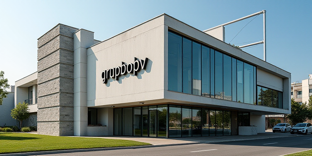 a building with a sign that says grupbobv on it's side and a building behind it, Aquirax Uno, logo,