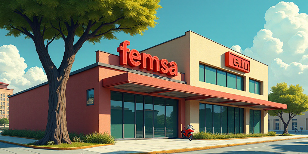 a building with a sign that says femsa on it and a tree in front of it and a building with a sign th