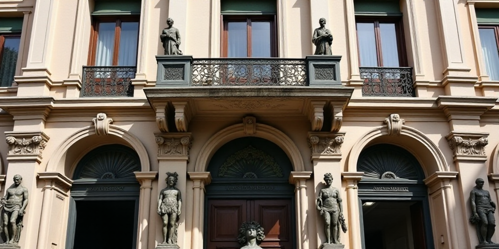 a building with statues on the front of it and a balcony above it that says banco - metico, Carlos F
