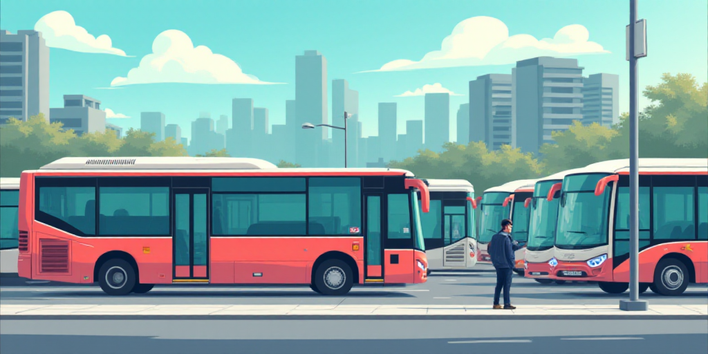 a bus parked in a bus station with other buses in the background and a man standing on the sidewalk,