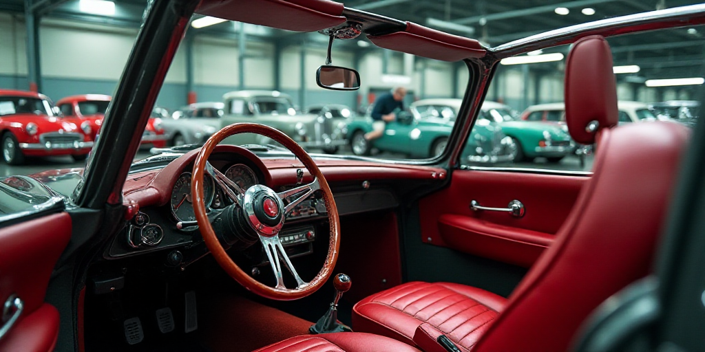 a car with a red seat in a factory area with other cars in the background and a man in the backgroun
