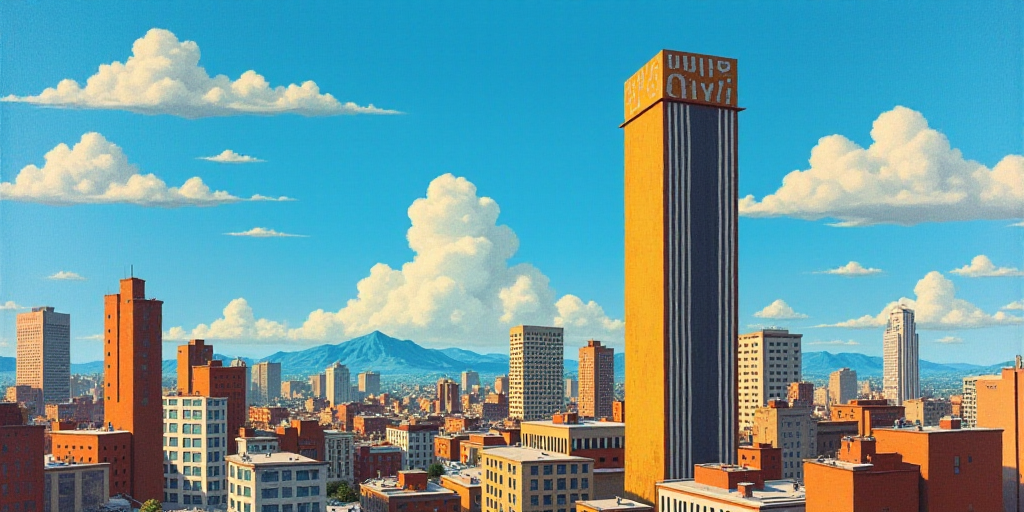 a city skyline with a tall building in the background and a blue sky in the foreground with a few cl