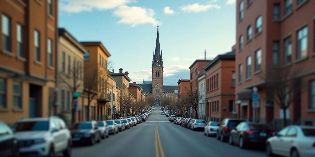 a city street with cars parked on both sides of it and a church tower in the background with a sky b