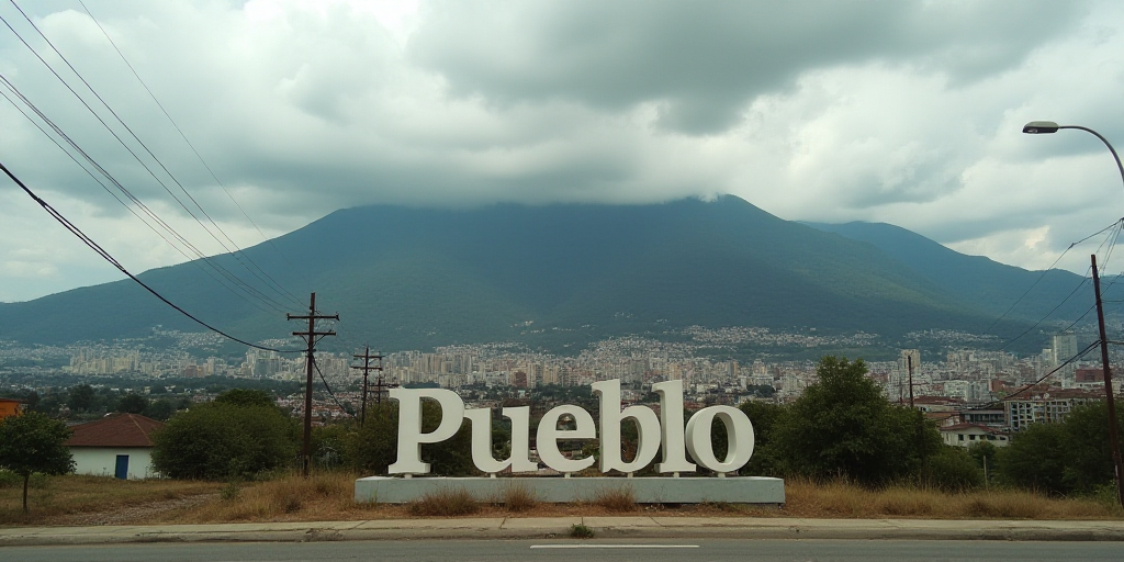 a city with a large sign that says pueblo in front of it and a mountain in the background with a clo