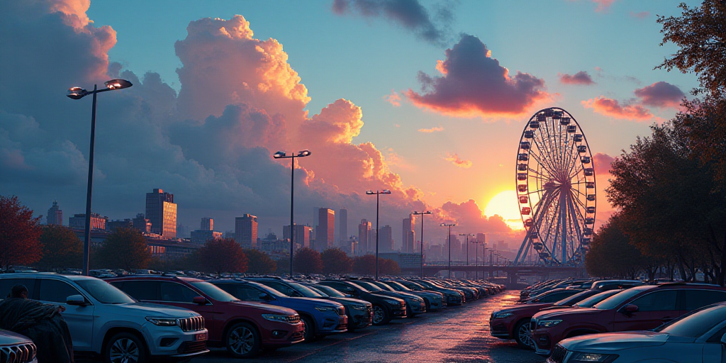 a city with a lot of cars parked in it at dusk time with a sky full of clouds and a ferris wheel, Ed