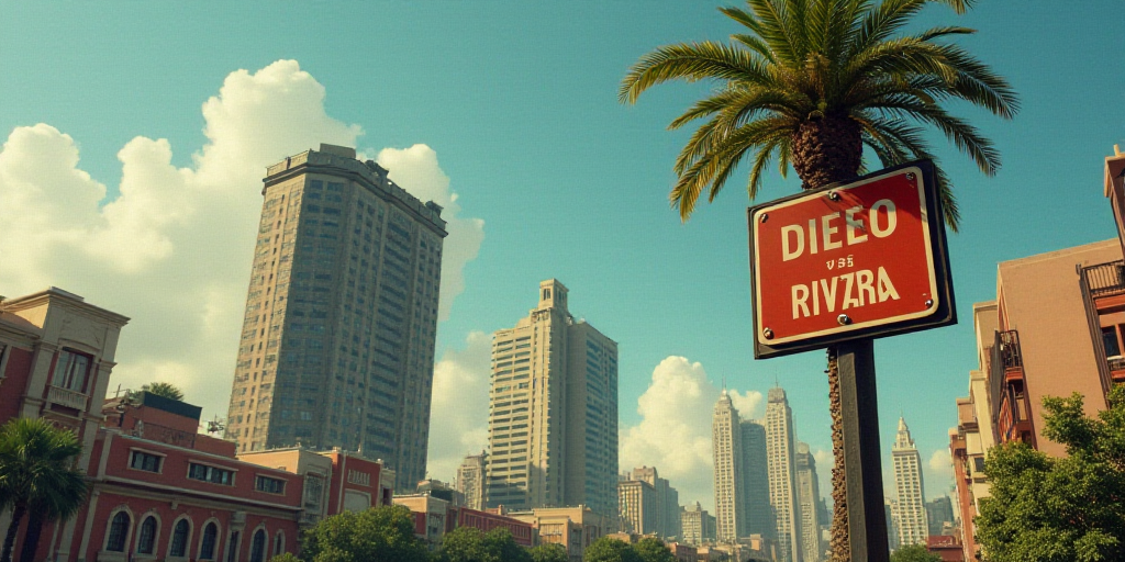a city with tall buildings and a street sign in front of it with a palm tree in the foreground, Dieg