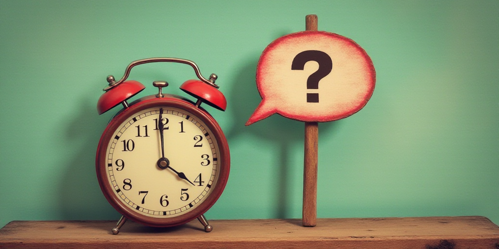 a clock with a speech bubble in front of it and a sign with a question bubble in the middle, Diego G