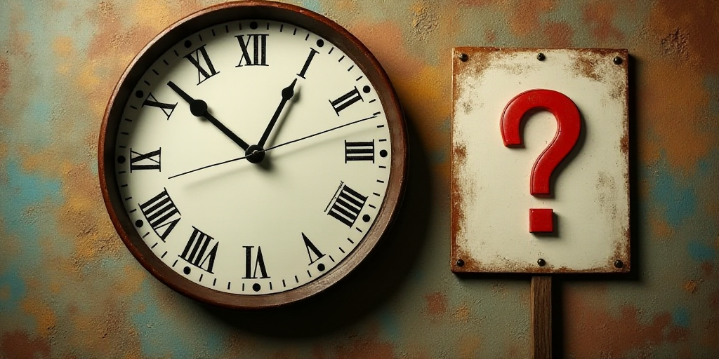 a clock with a speech bubble in front of it and a sign with a question bubble in the middle, Diego G