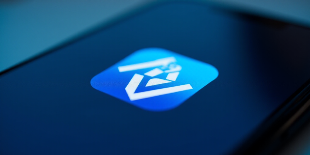 a close up of a blue and white logo on a cell phone with a blue light shining on it, Ai-Mitsu, affin