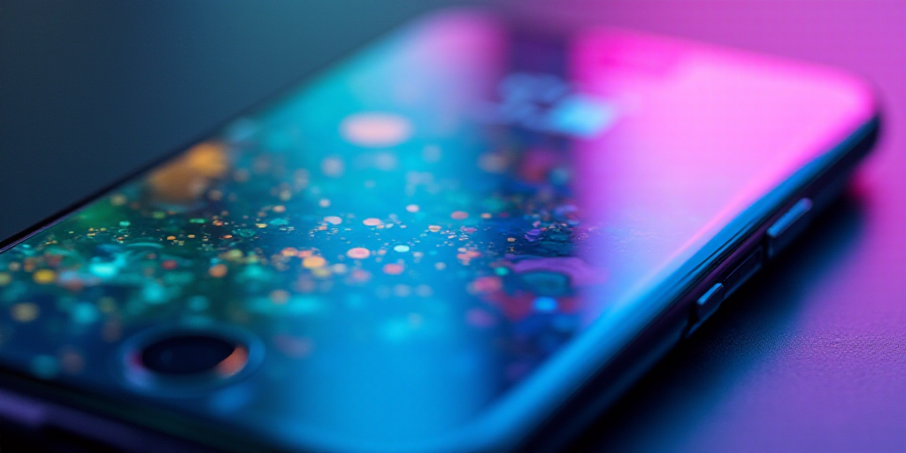 a close up of a cell phone with a purple and green background and a blue and green cell phone, Dahlo