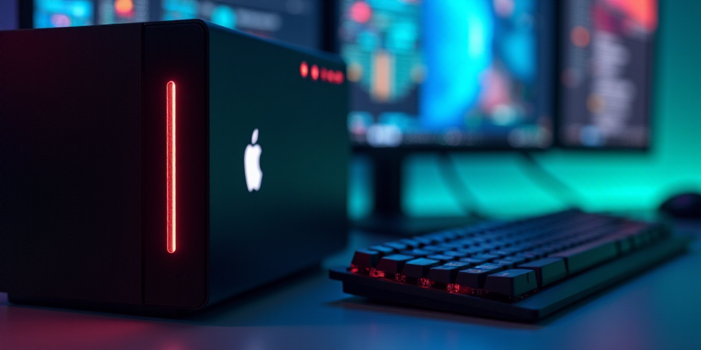 a close up of a computer with a logo on it's side and a keyboard in the background, Andries Stock, r