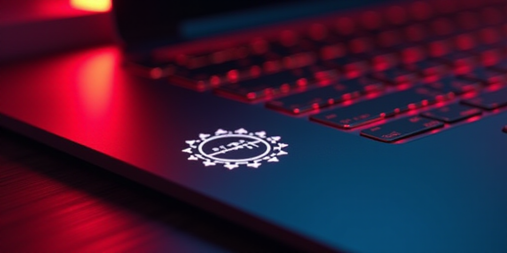a close up of a laptop with a logo on it's keyboard and a red light behind it, Ai-Mitsu, raytracing,